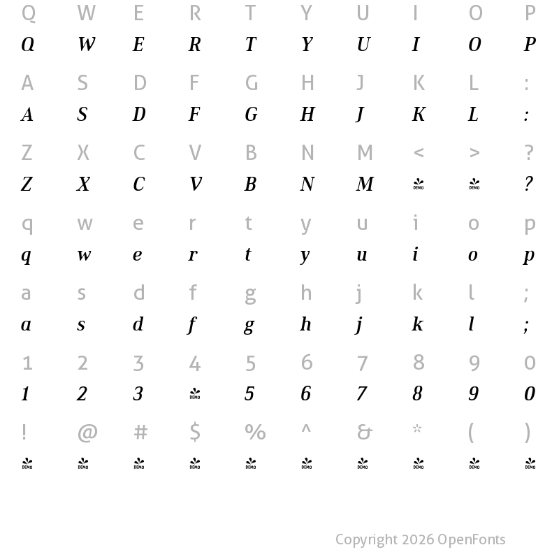 Character Map of FONTSPRING DEMO - Ethos Condensed Medium Italic Condensed Medium Italic