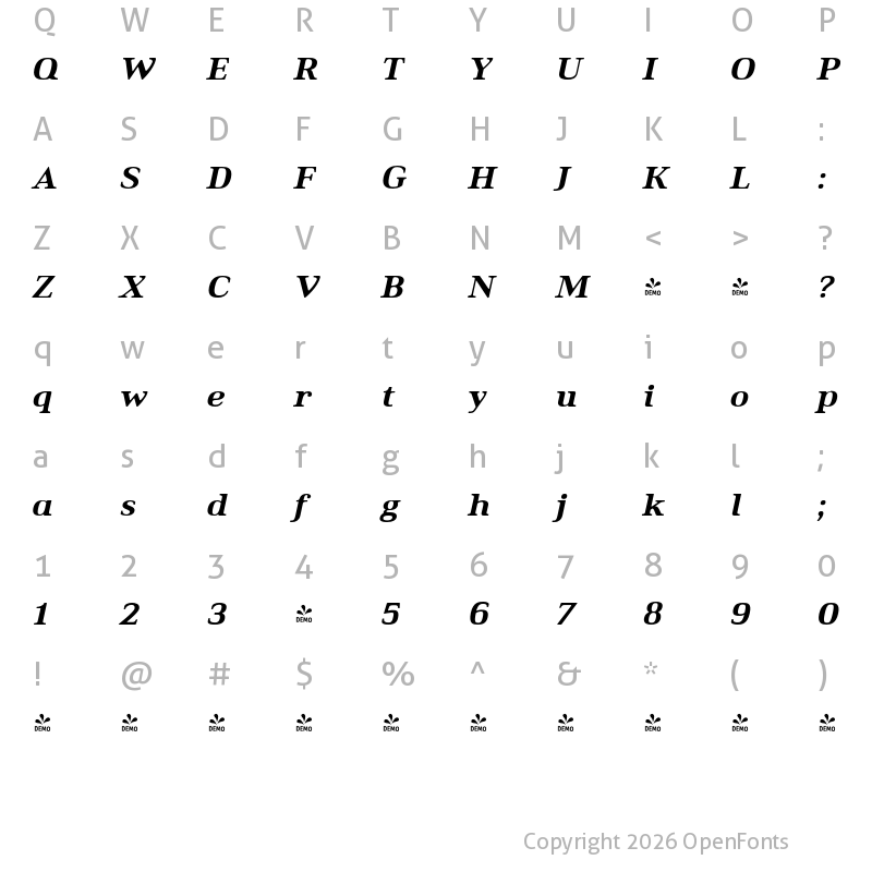 Character Map of FONTSPRING DEMO - Ethos Expanded Heavy Italic Expanded Heavy Italic