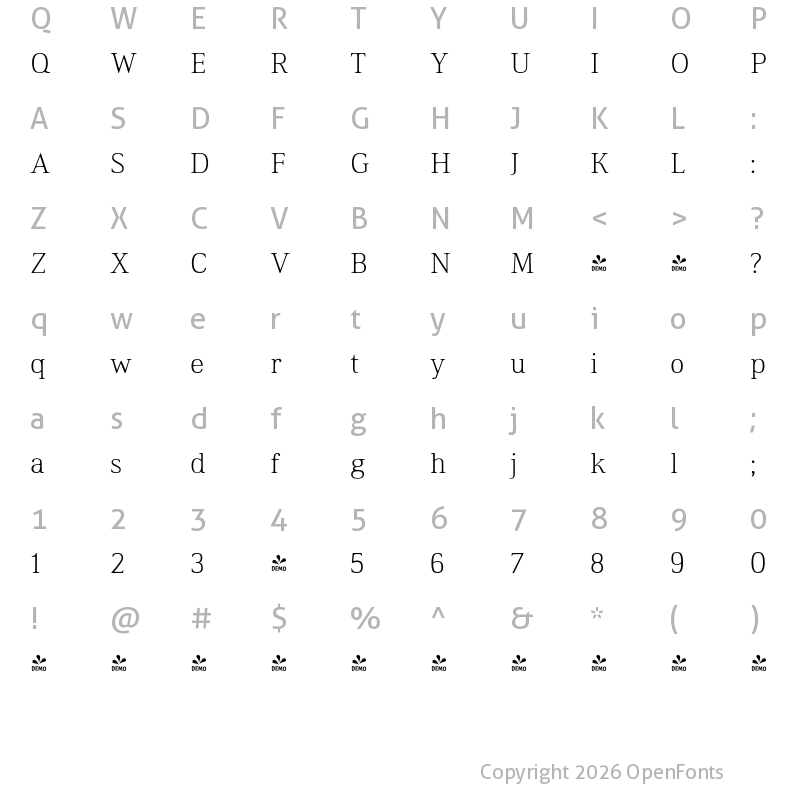 Character Map of FONTSPRING DEMO - Ethos Thin Thin