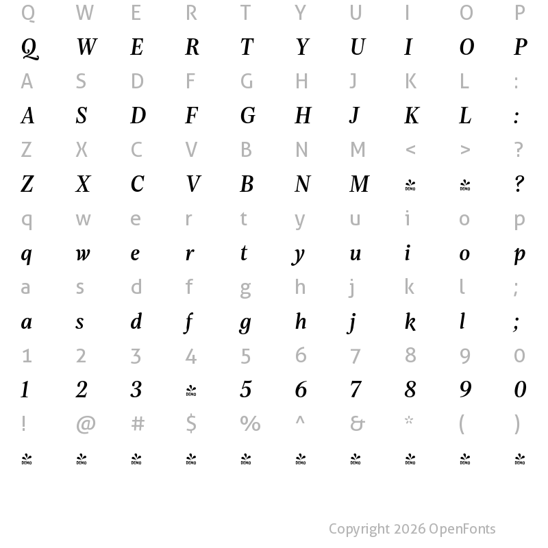 Character Map of FONTSPRING DEMO - Evans Medium Italic
