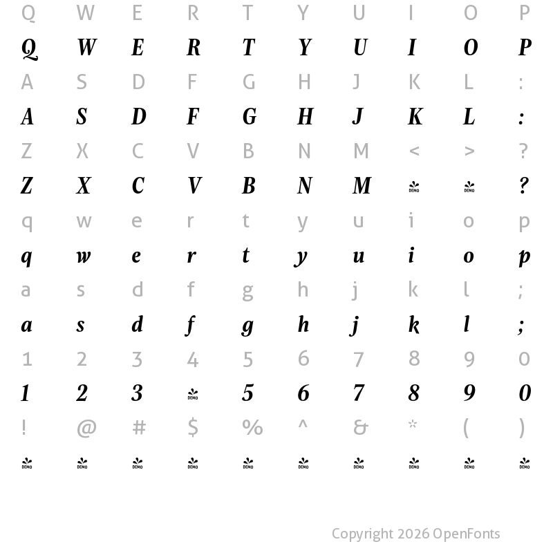 Character Map of FONTSPRING DEMO - Evans Narrow Bold Italic