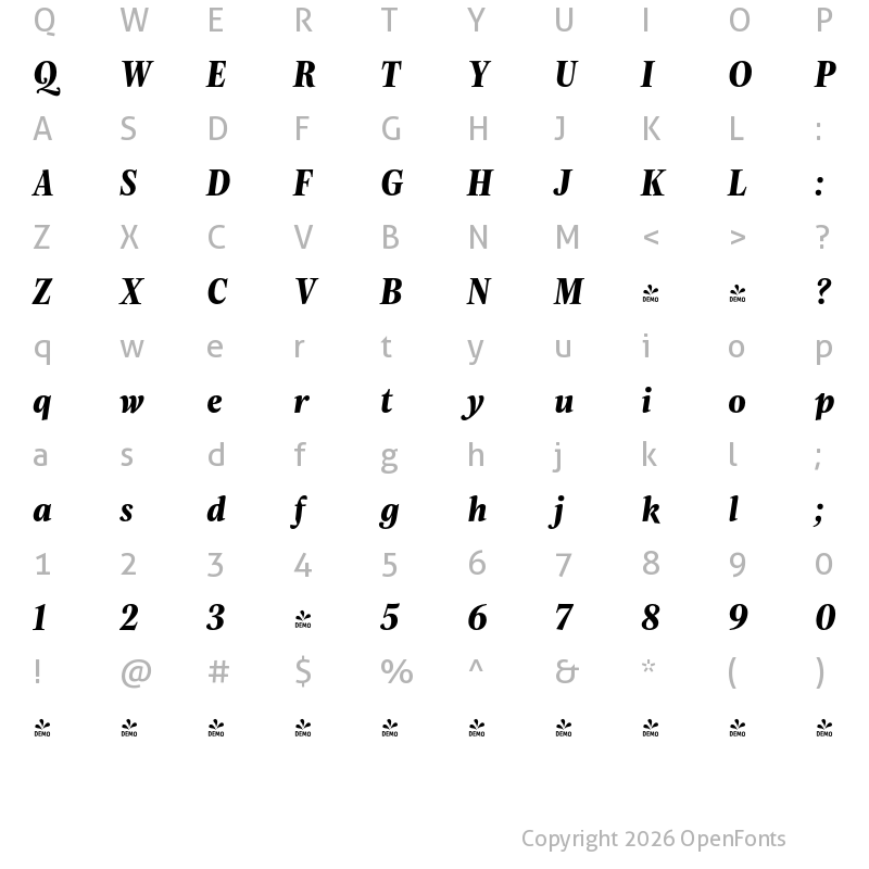 Character Map of FONTSPRING DEMO - Evans Narrow Extrabold Italic