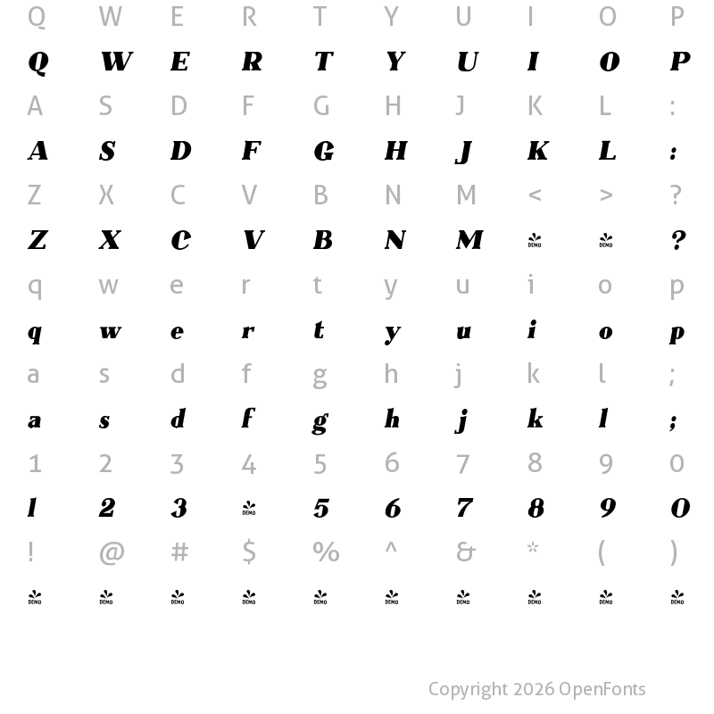 Character Map of FONTSPRING DEMO - Everflow Black Italic