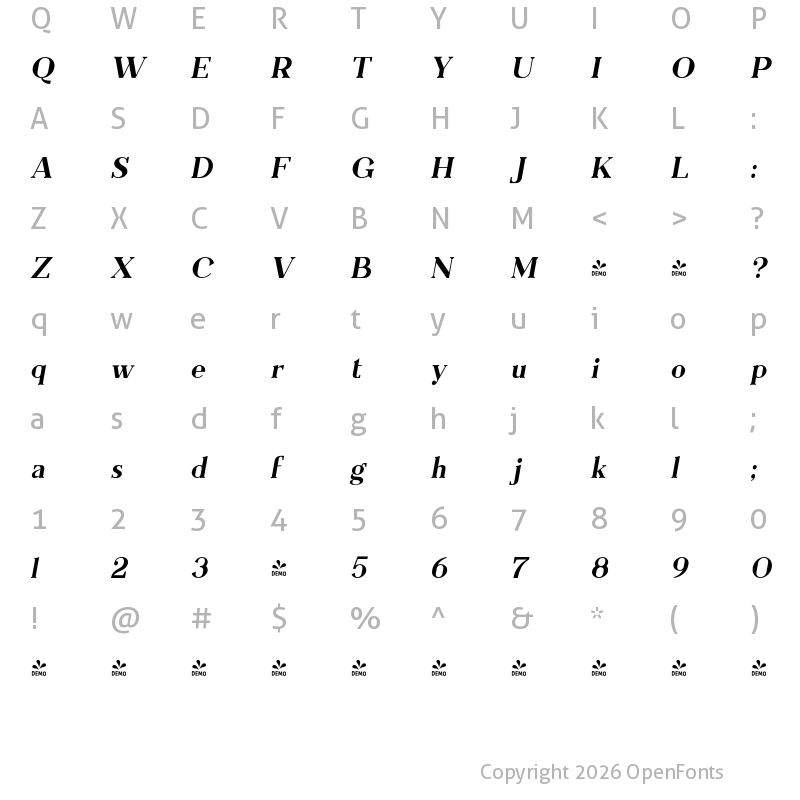 Character Map of FONTSPRING DEMO - Everflow Semi Bold Italic