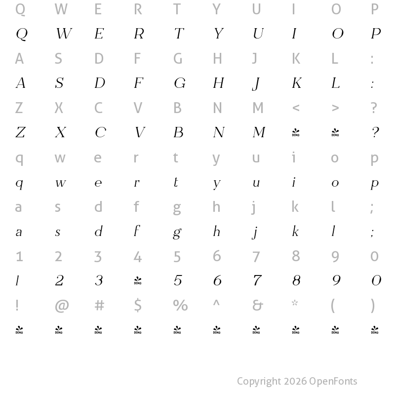 Character Map of FONTSPRING DEMO - Everflow Thin Italic