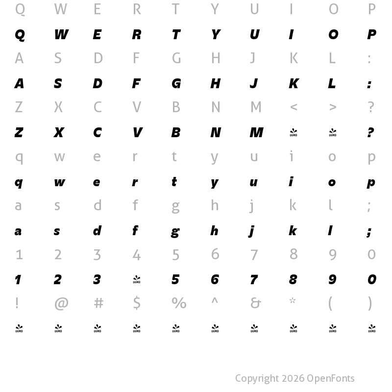 Character Map of FONTSPRING DEMO - Evert Latin Display ExtraBold Italic