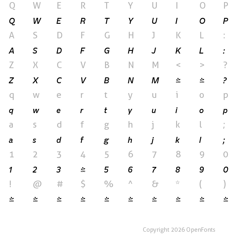 Character Map of FONTSPRING DEMO - Evert Latin Display Medium Italic