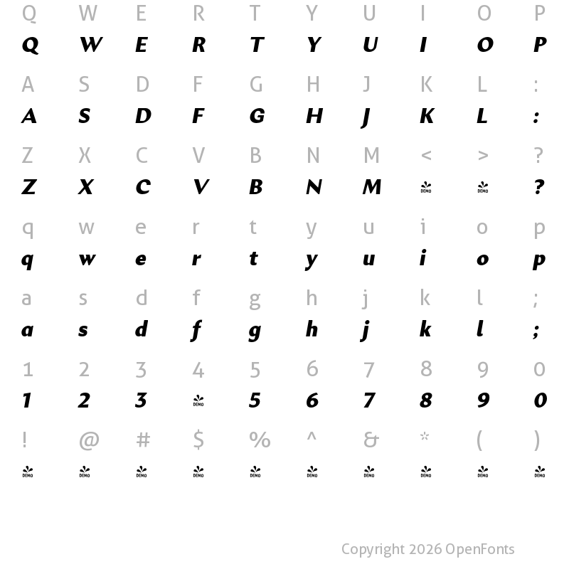 Character Map of FONTSPRING DEMO - Excentra Pro ExBd Italic