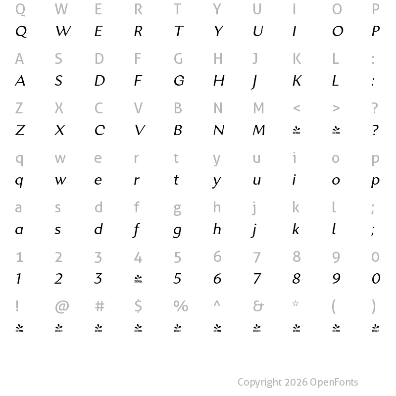 Character Map of FONTSPRING DEMO - Excentra Pro Italic