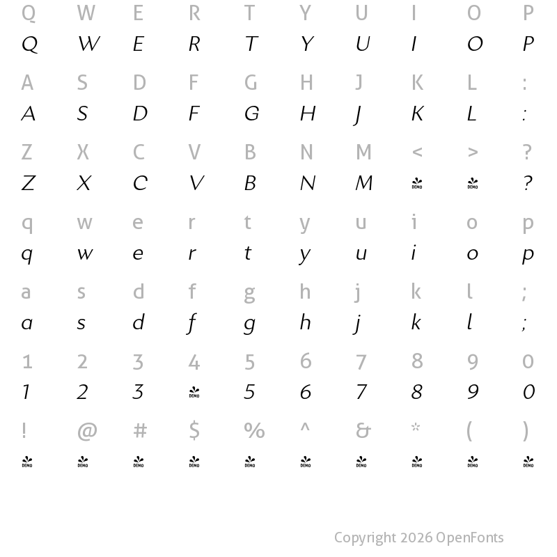 Character Map of FONTSPRING DEMO - Excentra Pro Lt Italic