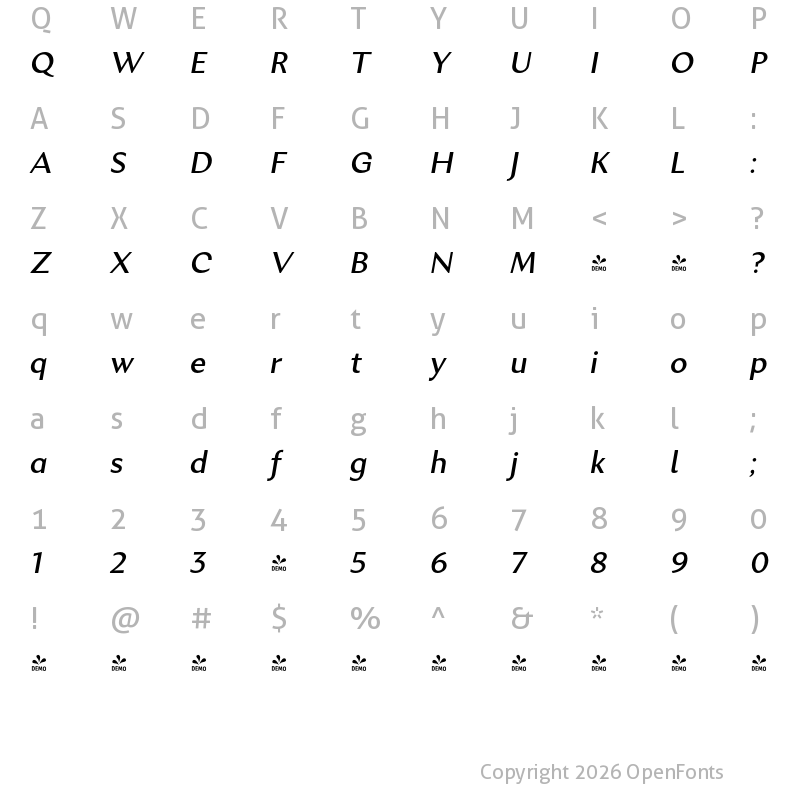 Character Map of FONTSPRING DEMO - Excentra Pro Md Italic