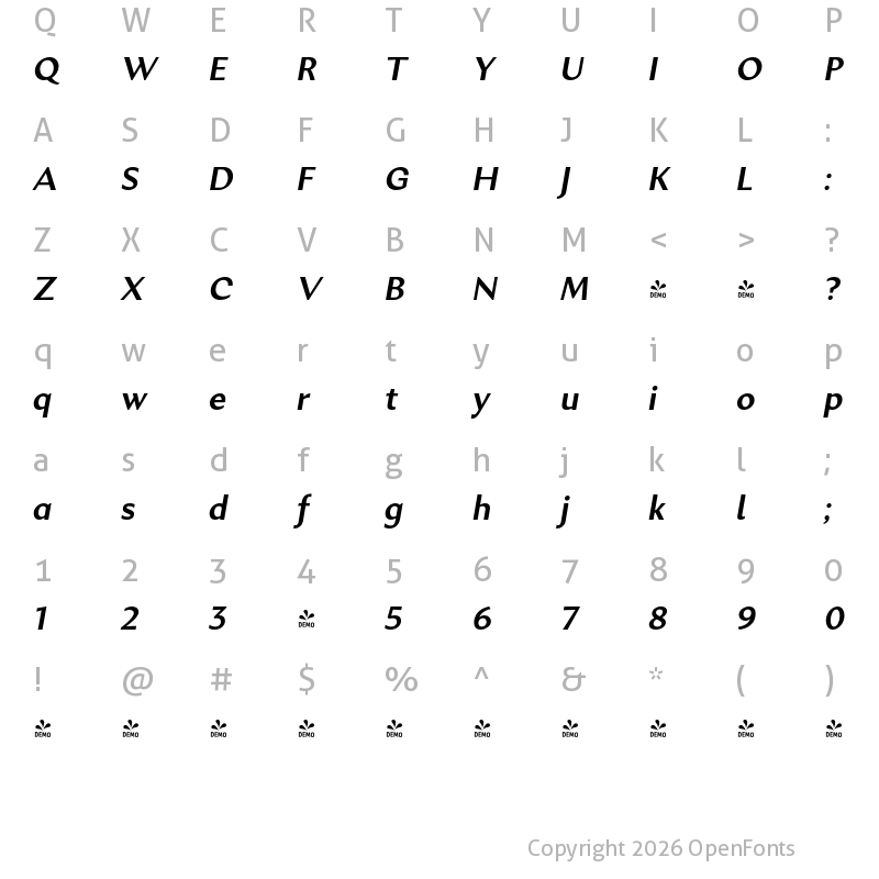 Character Map of FONTSPRING DEMO - Excentra Pro SmBd Italic