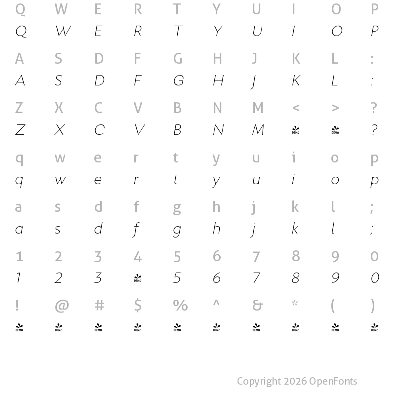 Character Map of FONTSPRING DEMO - Excentra Pro ULt Italic