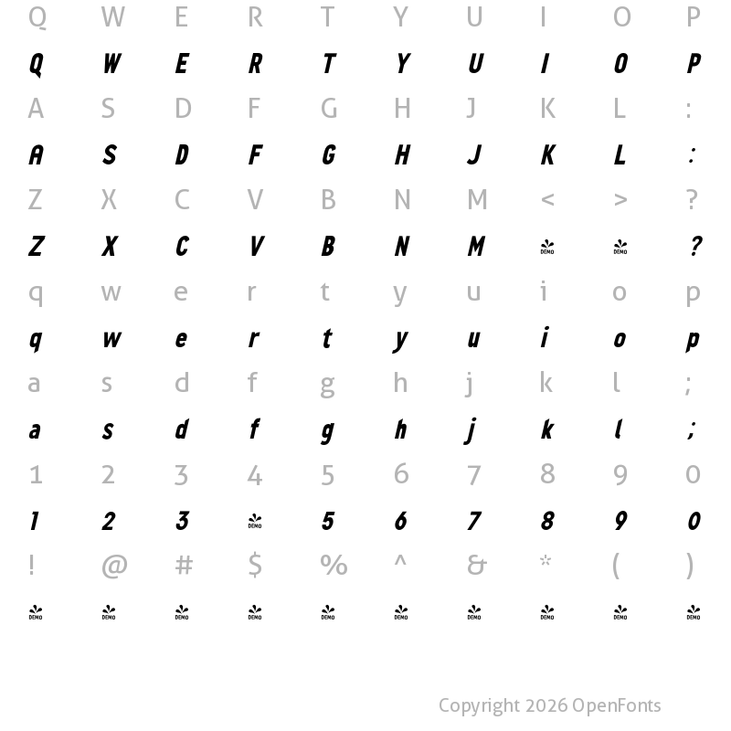 Character Map of FONTSPRING DEMO - ExtBd Cond Italic