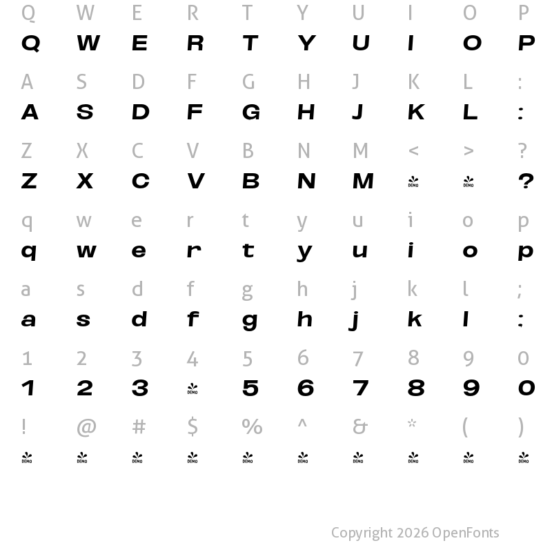 Character Map of FONTSPRING DEMO - ExtBd ExtExp SeObli Italic