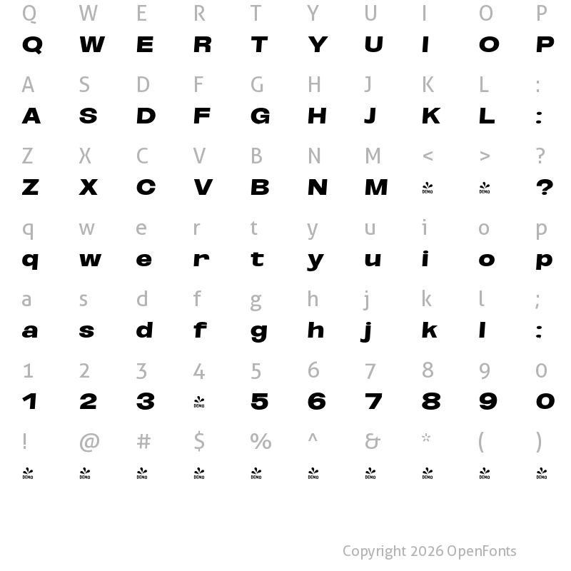 Character Map of FONTSPRING DEMO - ExtBlk ExtExp SeObli Italic