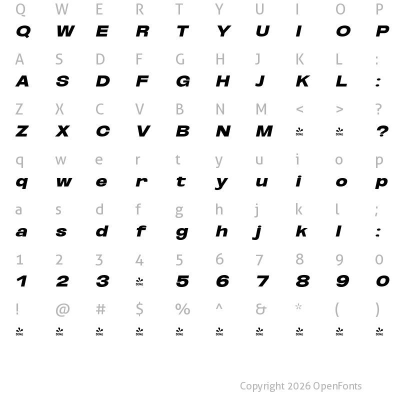 Character Map of FONTSPRING DEMO - ExtBlk ExtExp UtObli Italic