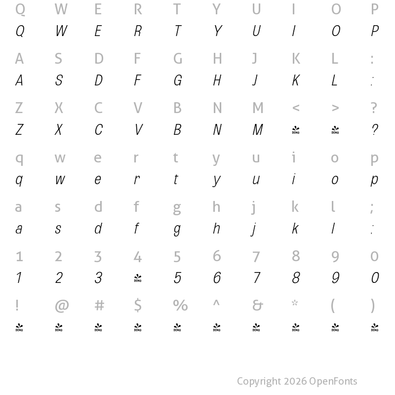 Character Map of FONTSPRING DEMO - ExtLt UltCond UtObli Italic