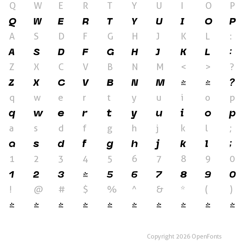 Character Map of FONTSPRING DEMO - ExtraBold Italic