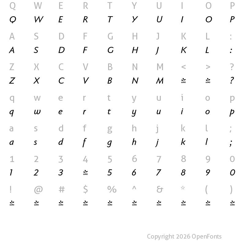 Character Map of FONTSPRING DEMO - Faber Sans Pro Med Italic