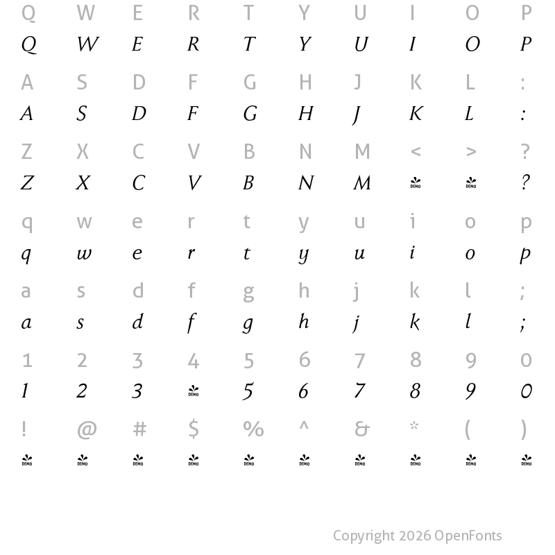 Character Map of FONTSPRING DEMO - Faber Serif Pro Italic