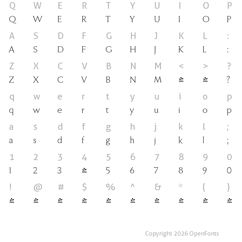 Character Map of FONTSPRING DEMO - Faber Serif Pro Light Regular