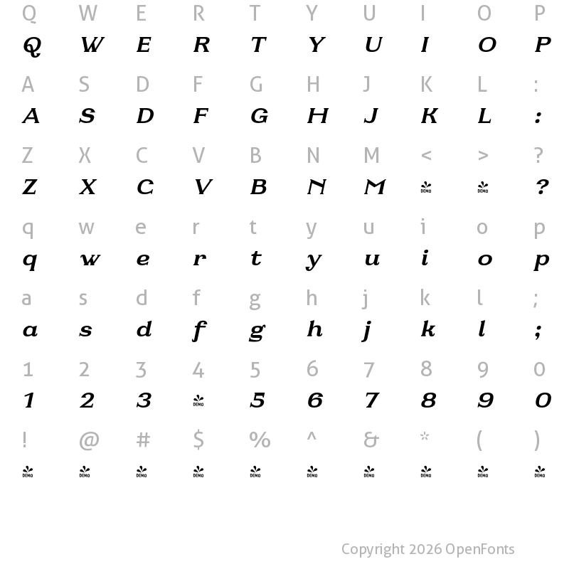 Character Map of FONTSPRING DEMO - Fabular Bold Italic Regular