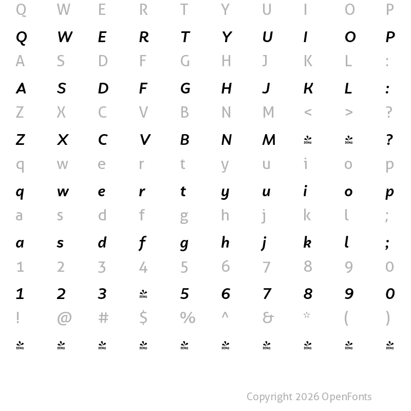 Character Map of FONTSPRING DEMO - Faible Medium Italic
