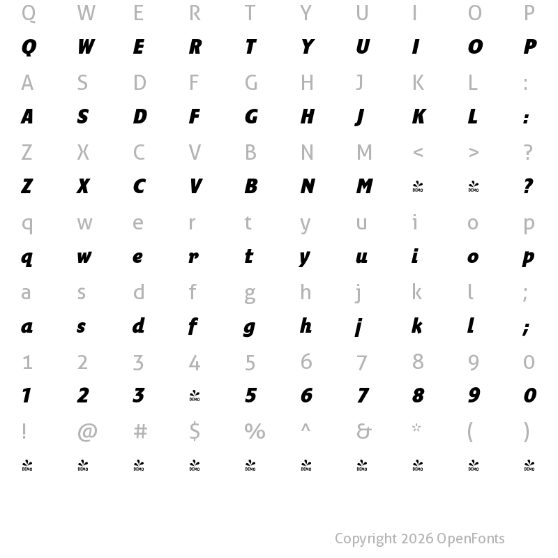 Character Map of FONTSPRING DEMO - Fairway Bold Italic