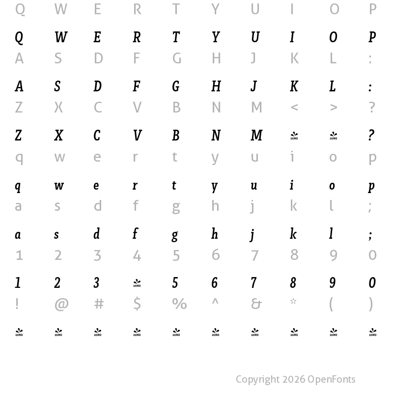 Character Map of FONTSPRING DEMO - Faraon Condensed Bold Italic Regular