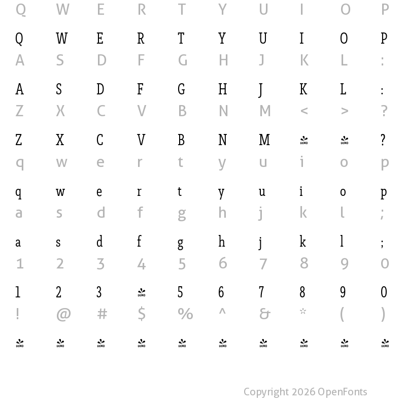 Character Map of FONTSPRING DEMO - Faraon Condensed Light Regular