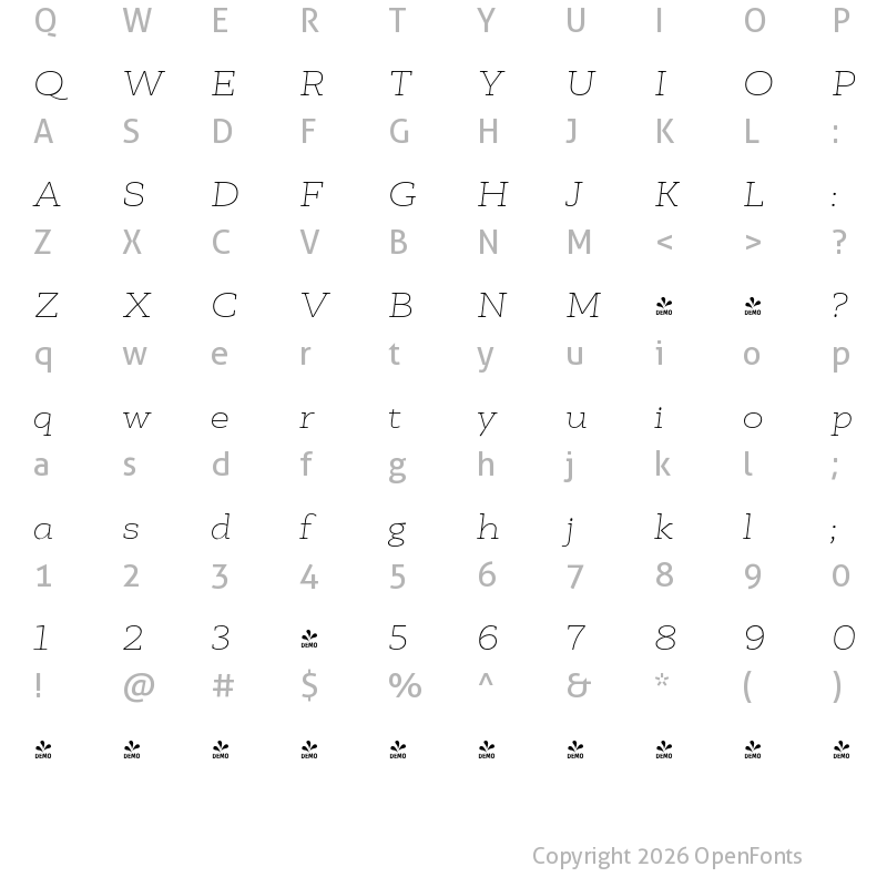 Character Map of FONTSPRING DEMO - Faraon Expanded Thin Italic Regular