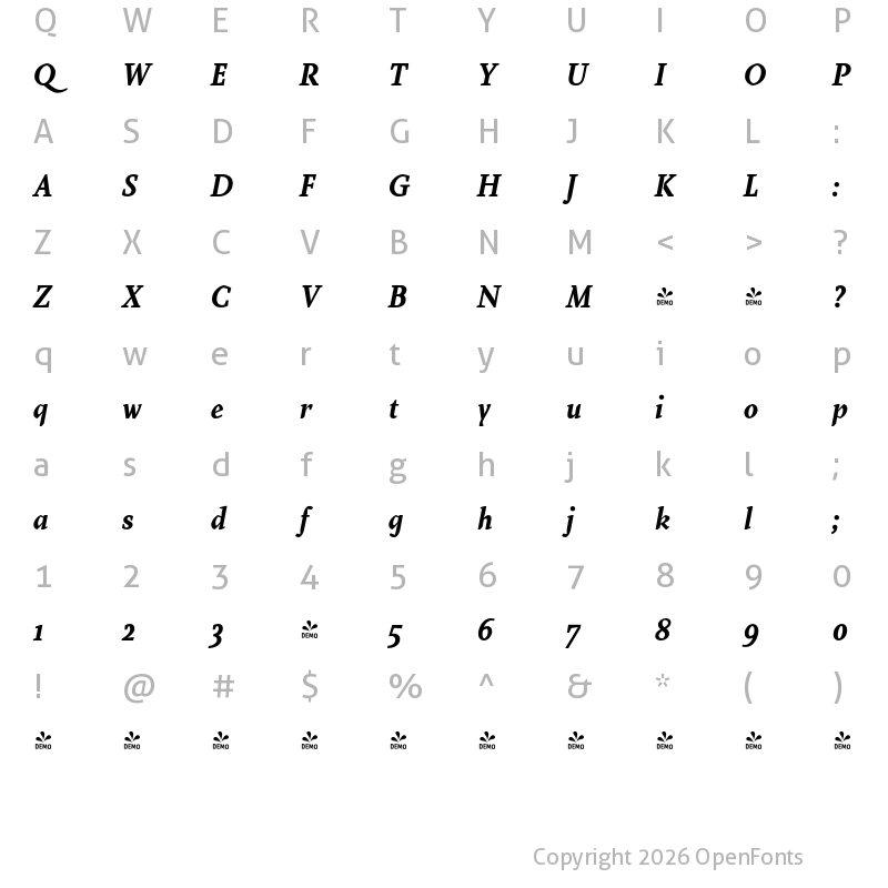 Character Map of FONTSPRING DEMO - Farrerons Serif Bold Italic