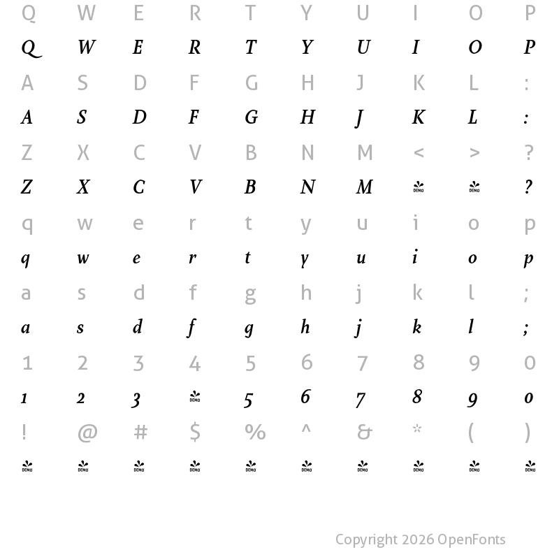 Character Map of FONTSPRING DEMO - Farrerons Serif DemiBold Italic