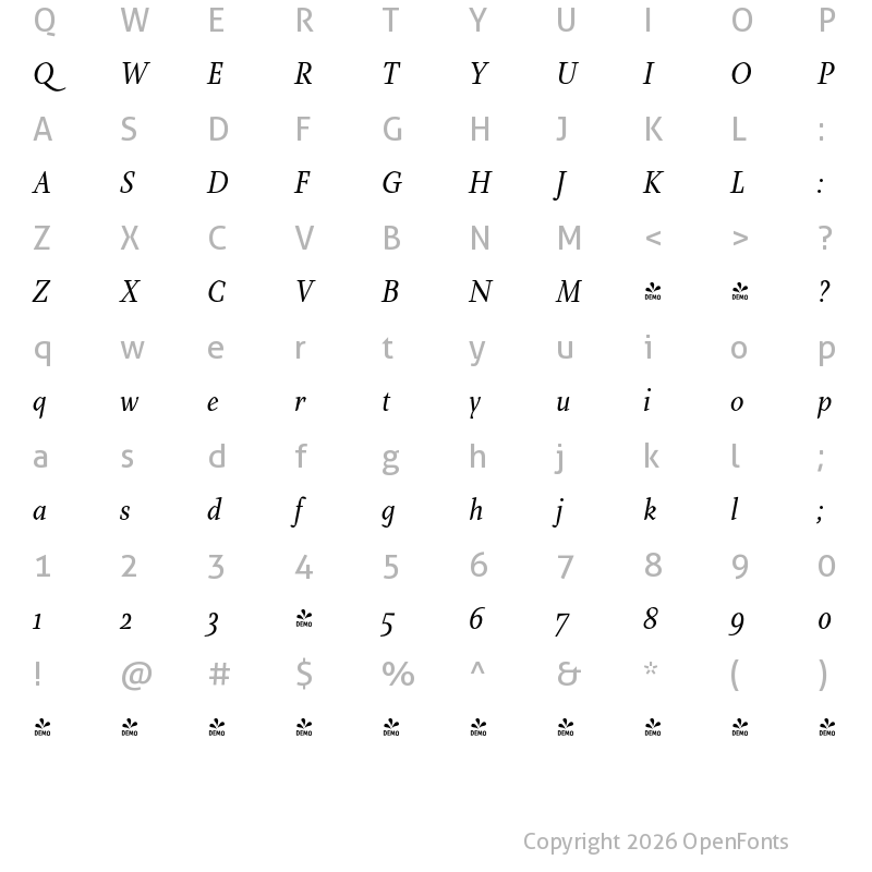 Character Map of FONTSPRING DEMO - Farrerons Serif Italic