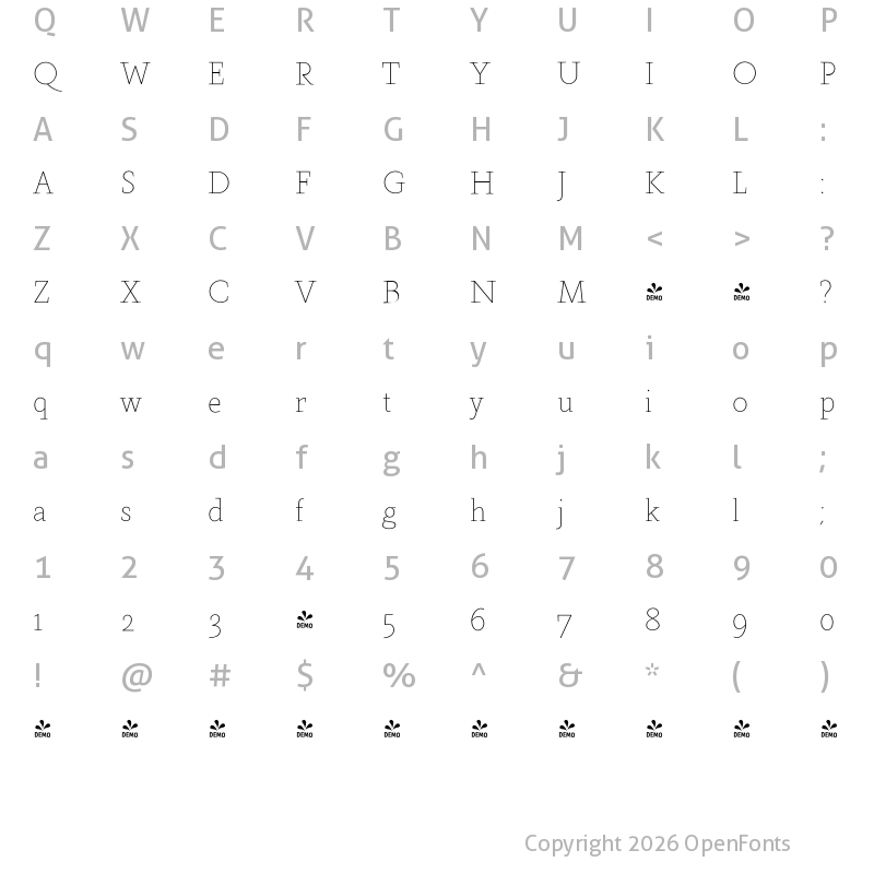 Character Map of FONTSPRING DEMO - Farrerons Serif Thin Regular