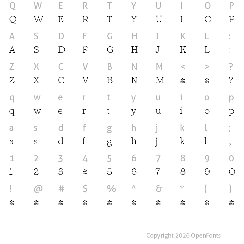 Character Map of FONTSPRING DEMO - Fedro Light Regular