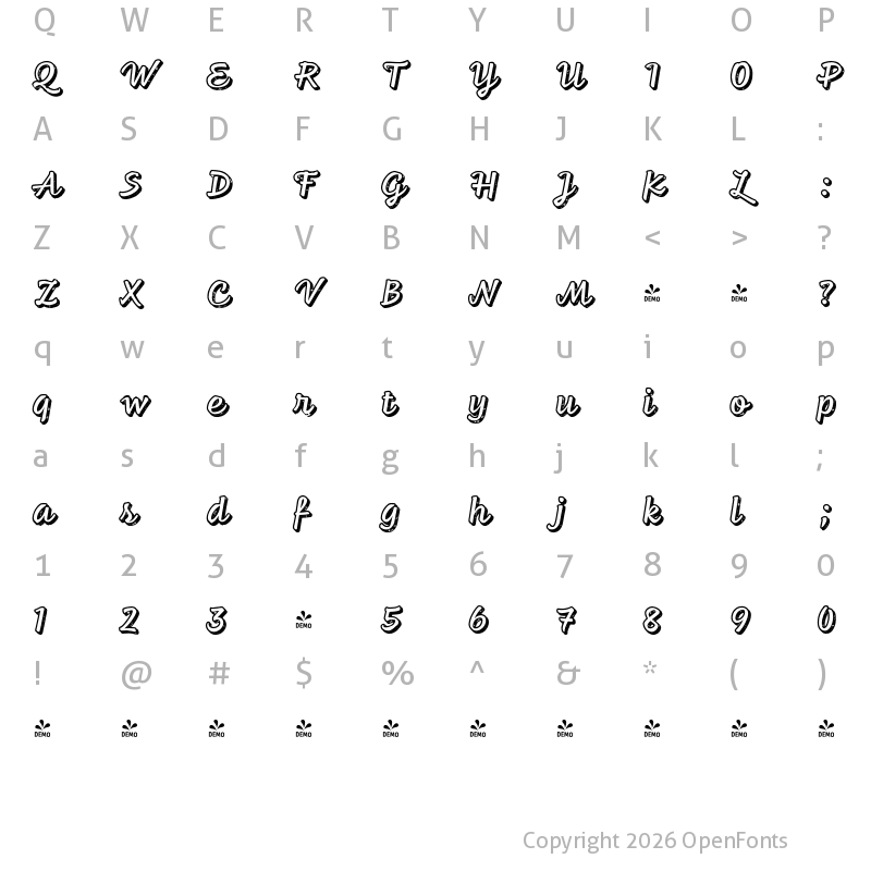 Character Map of FONTSPRING DEMO - Feltro Shadow Texture Regular