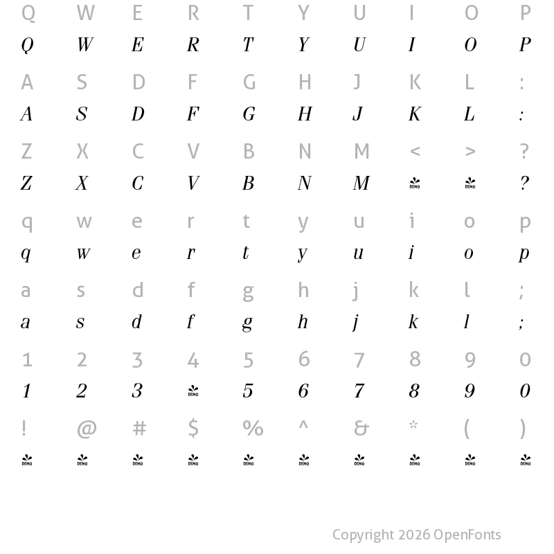 Character Map of FONTSPRING DEMO - Ferrara Italic