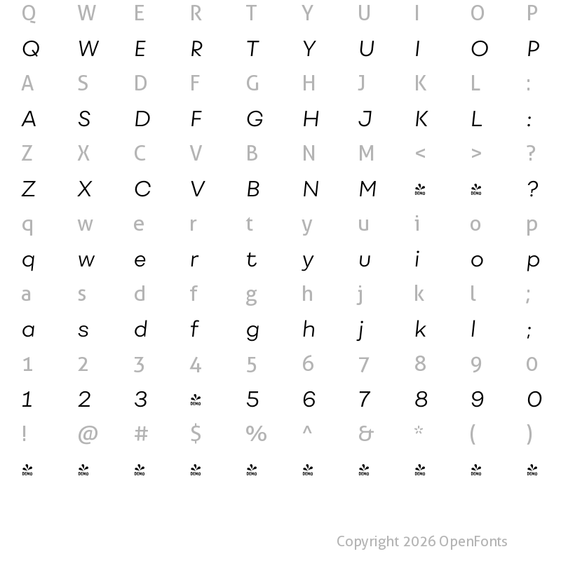 Character Map of FONTSPRING DEMO - Fibra Light It Regular