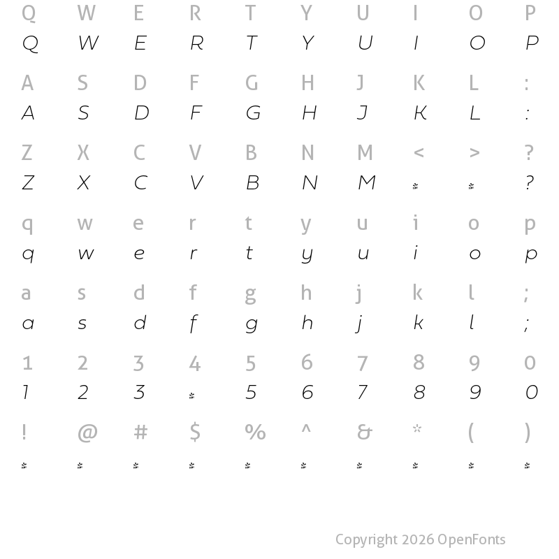 Character Map of FONTSPRING DEMO - Fieldwork 01 Hum Hair Italic