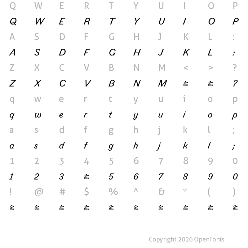 Character Map of FONTSPRING DEMO - Figgins Standard Medium Italic