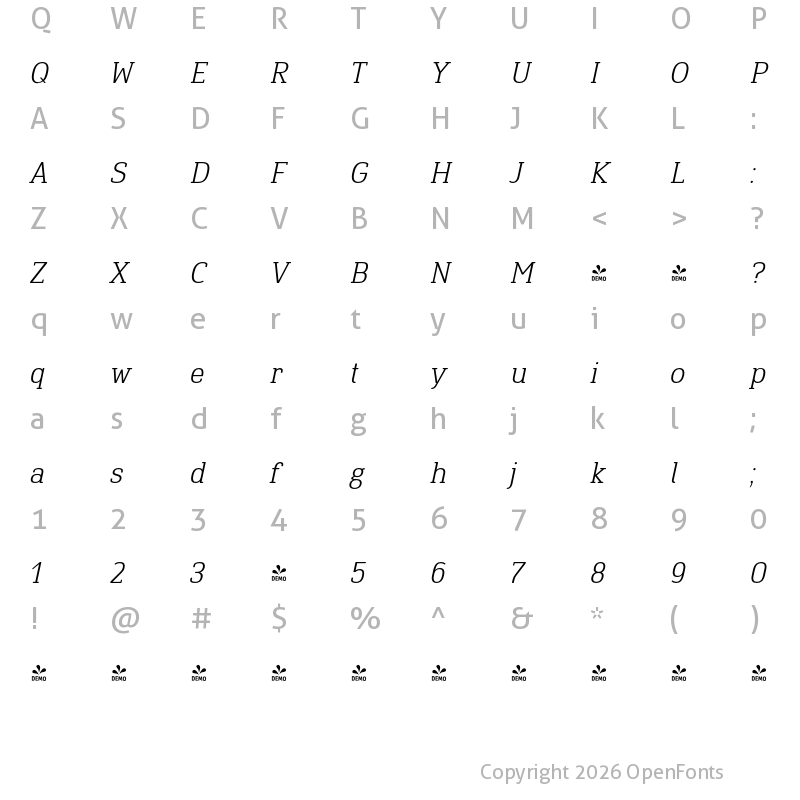 Character Map of FONTSPRING DEMO - Finador Slab Light Oblique Regular