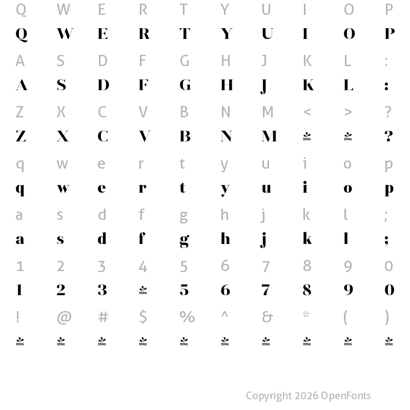 Character Map of FONTSPRING DEMO - Fiorina Grande ExtBd Regular