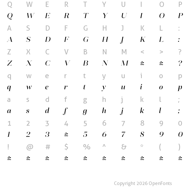 Character Map of FONTSPRING DEMO - Fiorina Grande Med Italic
