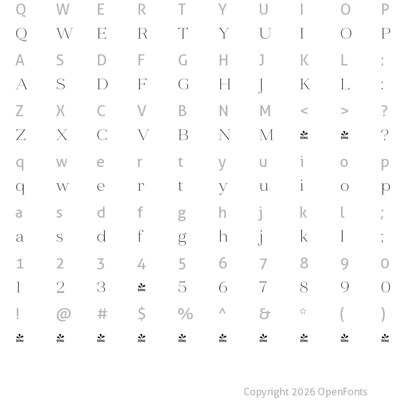 Character Map of FONTSPRING DEMO - Fiorina Grande Thin Regular