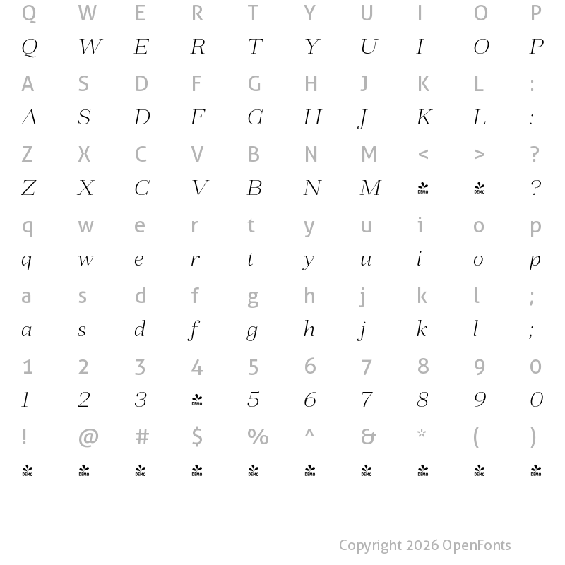 Character Map of FONTSPRING DEMO - Fiorina Subhead ExtLt Italic