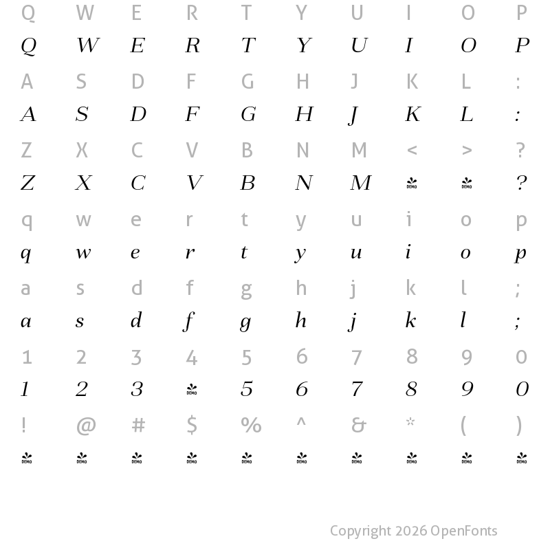 Character Map of FONTSPRING DEMO - Fiorina Subhead Italic