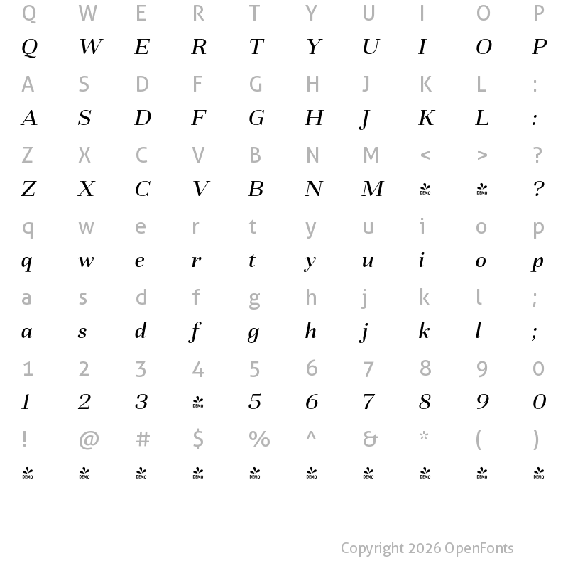 Character Map of FONTSPRING DEMO - Fiorina Subhead Med Italic