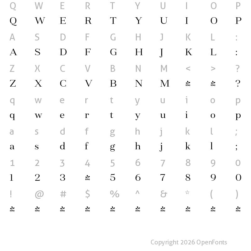 Character Map of FONTSPRING DEMO - Fiorina Subhead Regular